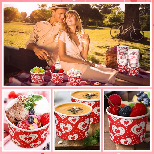 Vista 7 de Shellwei Paquete de 50 tazas de helado de 9 onzas para el día de San Valentín, cuencos de postre desechables con corazón, cuencos de papel