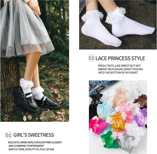Vista 4 de SEMOHOLLI Calcetines de tobillo para mujer calcetines de encaje con volantes y volantes cómodos calcetines de princesa