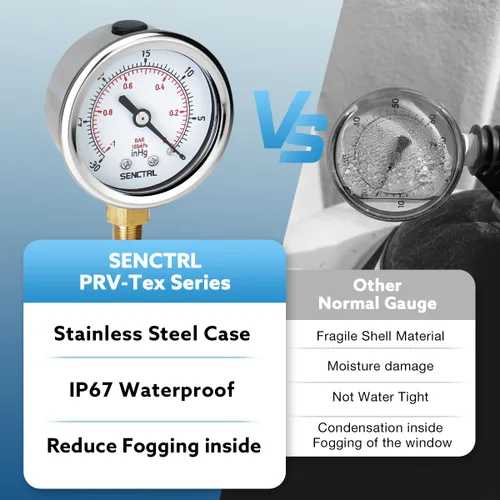 Vista 3 de SENCTRL - Medidor de presión de vacío de 30inHg, esfera de 2", NPT de 1/8, montaje inferior, estuche de acero inoxidable, resistente al agua