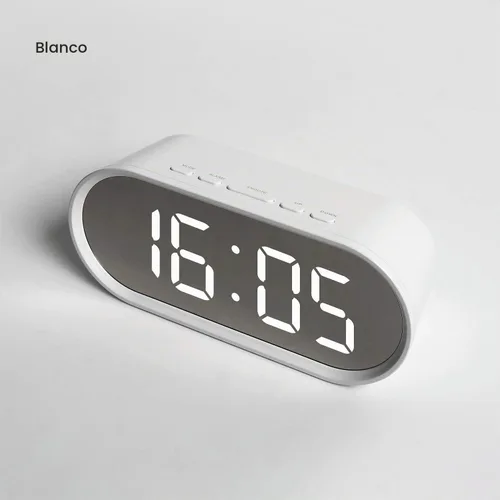 Vista 3 de mooas Reloj despertador digital Pop Mirror, reloj de escritorio LED rosa con luz nocturna, repetición, temperatura, funciona