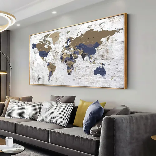 Vista 13 de ZEYDRT Arte de pared del mapa del mundo, pintura en lienzo para oficina, sala de estar, mapa del mundo, arte en lienzo, decoración de pared