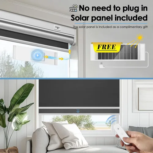Vista 4 de Persianas enrollables opacas motorizadas inteligentes con control remoto y panel solar, persianas eléctricas inalámbricas, USB-C recargable, Negro