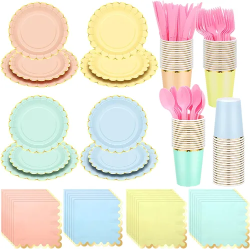 Vista 9 de Yaomiao Juego de vajilla desechable de 175 piezas de platos de papel marrón con cuchillo de plástico, cuchara, tenedor, cuchara, decoración de boda
