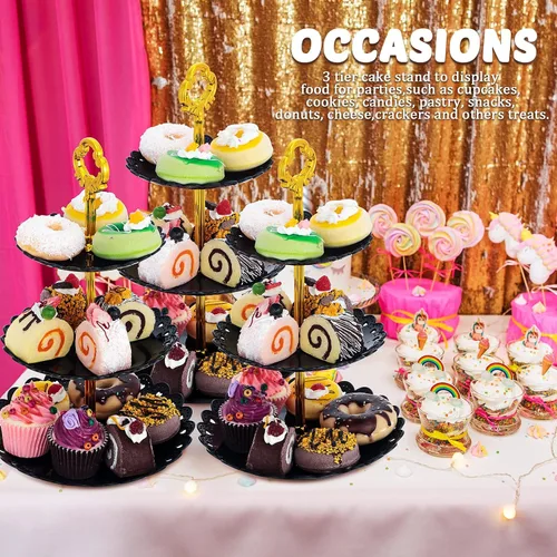 Vista 7 de Honeydak 3 juegos de bandejas de 3 niveles para servir postres de 3 niveles, soporte de postre de boda, soporte de plástico de polipropileno