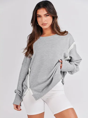 Vista 3 de ANRABESS Sudadera de gran tamaño para mujer, cuello redondo, manga larga, casual, con abertura, sin botones, ropa de otoño