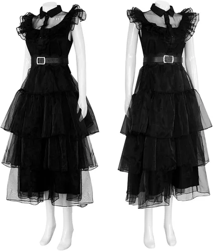 Vista 4 de HNZQE Disfraz de miércoles para mujer, vestido gótico negro, cosplay, cuervo, baile, falda de encaje de tul, traje de fiesta de Halloween para niña