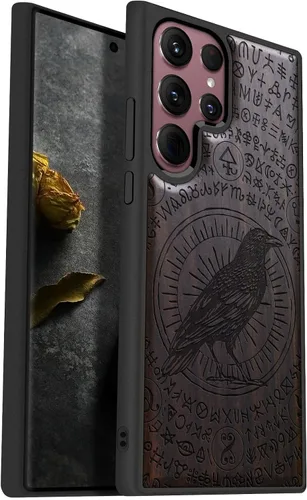 Vista 12 de Carveit Funda de madera para Galaxy S22 Ultra [madera natural y TPU suave negro] a prueba de golpes, diseño único de madera compatible con Samsung