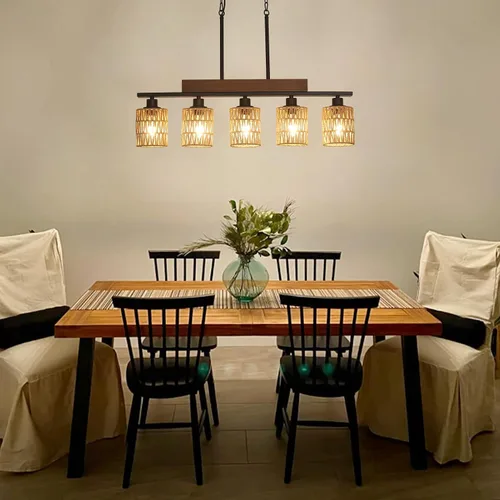 Vista 7 de Candelabros de ratán para comedor, iluminación de isla de cocina bohemia, lámpara lineal de 5 luces, lámpara colgante rectangular, candelabros