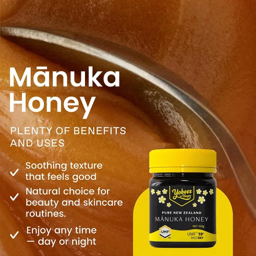 Vista 4 de Yobees Honey Miel de Manuka de Nueva Zelanda cruda y sin pasteurizar orgánica MGO 261+ / Certificado UMF 10+ 8.8 onzas