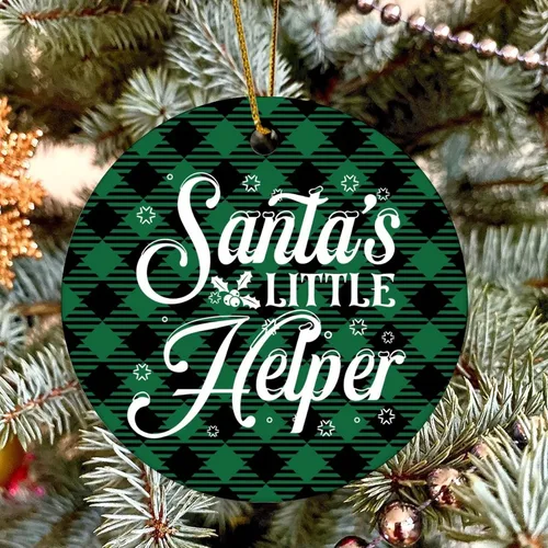Vista 6 de Santa's Little Helper - Adorno de Navidad de cerámica con cita redonda para decoración del árbol de Navidad, recuerdo de Navidad coleccionable