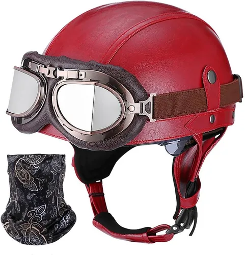 Vista 8 de Casco de motocicleta rosa, medio casco de cuero de estilo alemán, casco de motocicleta para mujer, aprobado por DOT, casco de media cara con gafas