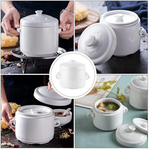 Vista 8 de Hemoton Olla de cerámica para estofado de 3.74 x 3.74 x 4.13 pulgadas, pequeña olla blanca con tapa para huevos al vapor, natillas de pájaros, nido