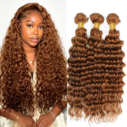 Vista 175 de P4613 Cabello humano rizado onda profunda marrón y paquetes mixtos 8 10 12 P4613 Ombre Marrón-Rubio-DP
