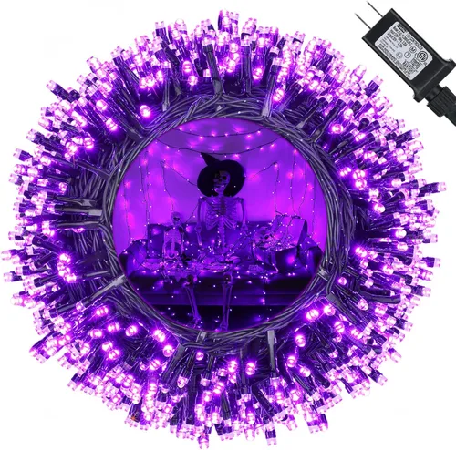 Vista 12 de Luces de Halloween - Tira de luces naranjas, verdes y moradas con 8 modos, guirnalda resistente al agua de 82 pies con 200 luces LED para decoración