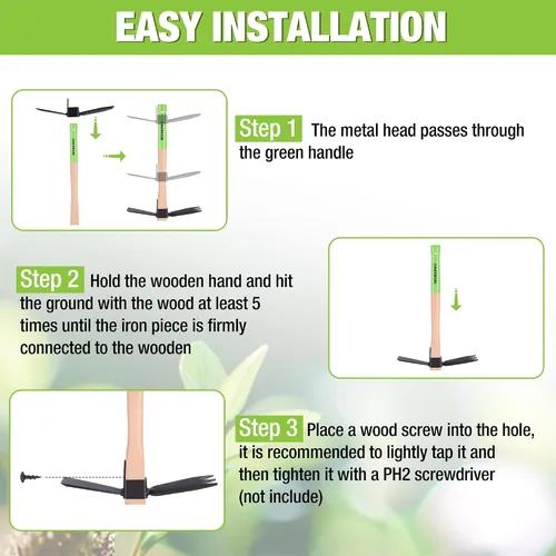 Vista 2 de WORKPRO Azada y Cultivador Rastrillo de Jardín con Mango de Madera de 14", Hoja de Azada Afilada y Cultivador Resistente de 3 Garras, Herramientas