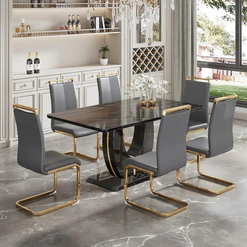 Vista 10 de JUFU Moderno juego de mesa de cocina y comedor, mesa rectangular con parte superior de mármol sintético, 63 pulgadas, color negro, 4 sillas