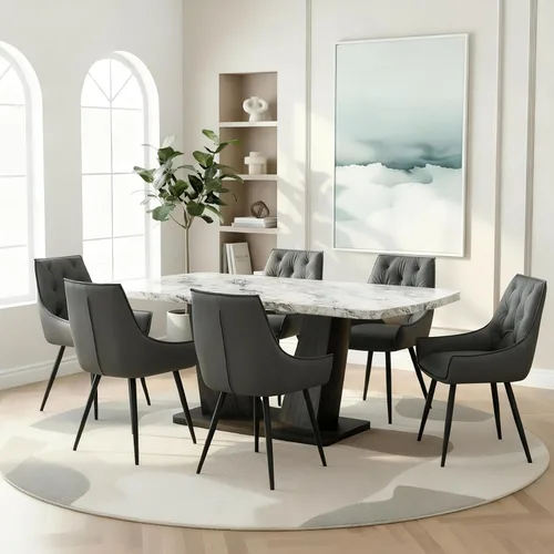 Vista 9 de Juego de mesa de comedor para 6, juego de mesa de comedor de mármol para 6, juego de 6 sillas de mesa de cocina con base de madera, juego de mesa