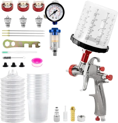 Vista 8 de R500 Pistola de rociado de aire LVLP, con boquillas de 1.3/1.7/2.0mm, taza de mezcla de 650ml y 10 tazas desechables, pistola pulverizadora