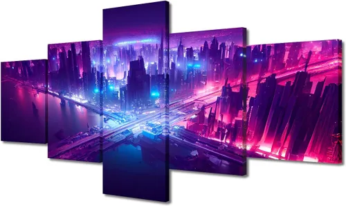Vista 389 de Cuadros de 5 paneles de Cyberpunk City, arte de pared, representación de vallas publicitarias, edificios modernos en la capital con obras de arte