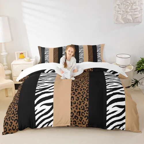 Vista 10 de Juego de funda de edredón para niños con estampado de leopardo, tamaño individual, juego de ropa de cama de moda de piel de guepardo abstracto