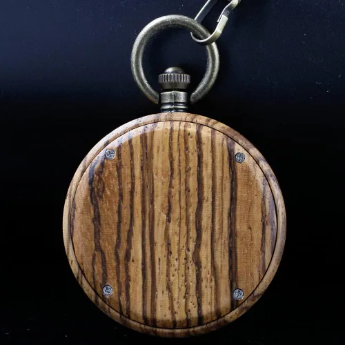 Vista 4 de Tiong Relojes de bolsillo de madera para hombre, hecho a mano, de madera de bambú, analógico, de cuarzo, con cadena, regalo para el día del padre