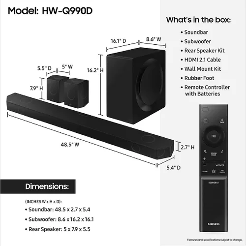 Vista 8 de Samsung Barra de sonido Q990D de 11.1.4 canales con audio Dolby Atmos inalámbrico, altavoz trasero incluido HW-Q990D/ZA (modelo 2024) + más 2 años
