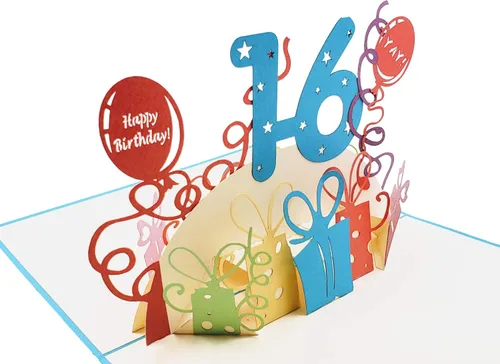 Vista 4 de iGifts And Cards Tarjeta desplegable 3D de cumpleaños de 16 años, regalos coloridos y escena de celebración de globos, divertido saludo
