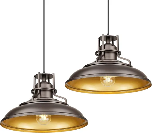 Vista 7 de FEMILA Lámpara Colgante de Granja, Lámpara Colgante Vintage de Granero de 12" para Isla de Cocina, Altura Ajustable, Acabado en Bronce Frotado