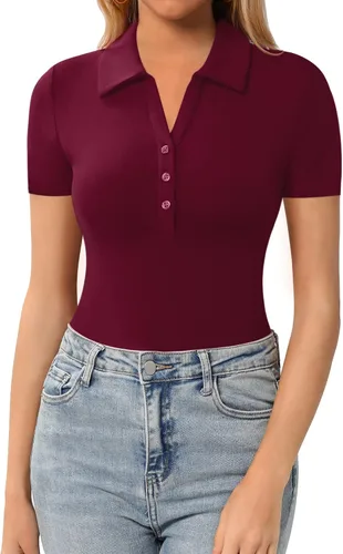 Vista 14 de HERLOLLYCHIPS Womens Short Sleeve Tops V Neck Button Down Collared Fitted Shirts