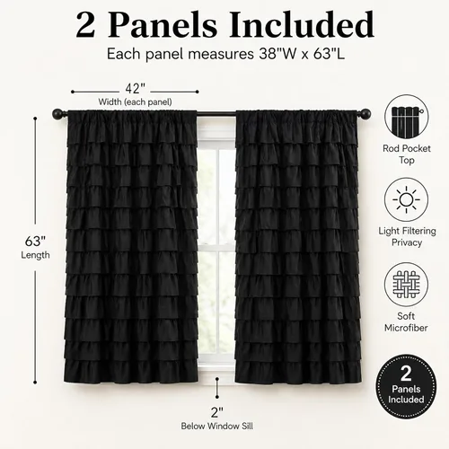 Vista 4 de Cortinas negras con volantes, 2 paneles, paneles de ventana con volantes de 12 capas, cortinas de estilo rústico para dormitorio, baño, bolsillo