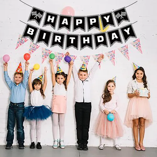 Vista 3 de Cartel de cumpleaños de coche de carreras, pancarta de feliz cumpleaños a cuadros, decoraciones de fiesta de autos de carreras, fiesta temática