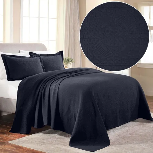 Vista 3 de Superior Fleur De Lis - Juego de colcha de algodón de 3 piezas, decoración de cama para el hogar, colcha decorativa con textura, 2 fundas de Azul