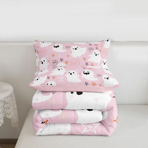 Vista 3 de Feelyou Juego de edredón de Halloween, color rosa fantasma, juego de ropa de cama tamaño individual, decoración para niños y niñas, lindo juego