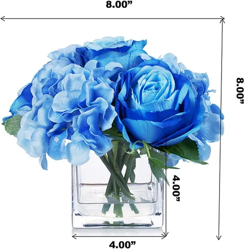 Vista 5 de ENOVA FLORAL Pequeñas flores falsas de seda azul con jarrón, arreglo floral artificial de rosas mixtas y hortensias en jarrón con agua sintética