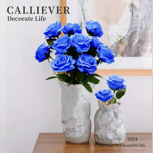 Vista 6 de 12 flores artificiales de rosas, ramo de flores artificiales de seda, rosas sintéticas con tallos, 19.7 in, rosas decorativas para bodas y Azul