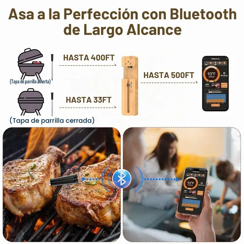 Vista 2 de Termómetro Inalámbrico para Carne con Alertas en Tiempo Real - Sonda Bluetooth Inteligente para Barbacoa, Parrilla, Horno, Ahumador - Bluetooth