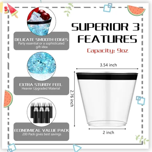 Vista 2 de Patelai 200 vasos de plástico con borde de 9 onzas, vasos de vino desechables, vasos de plástico transparente resistentes para fiestas, bodas