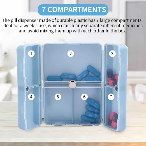 Vista 4 de Xiaokeis Organizador de píldoras, organizador de píldoras de viaje, farmacia de bolsillo con diseño de 7 compartimentos, dispensador de píldoras