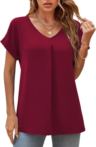 Vista 2 de QUEZHU - Blusas de verano para mujer, elegantes, de gasa, con cuello en V y estilo casual