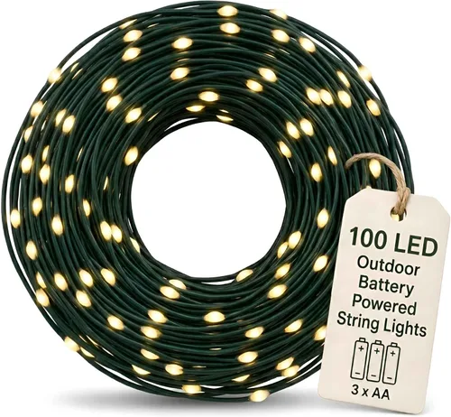 Vista 10 de Luces de Navidad al Aire Libre de QBIS - Cadena de Luces de Hadas que Funcionan con Pilas con Pequeñas LED Blancas Cálidas, Cable Verde