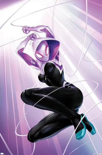 Vista 9 de Marvel Comics Ghost Spider - Póster de pared #1, 22.4 pulgadas de largo x 14.7 pulgadas de ancho, versión enmarcada de madera de granero