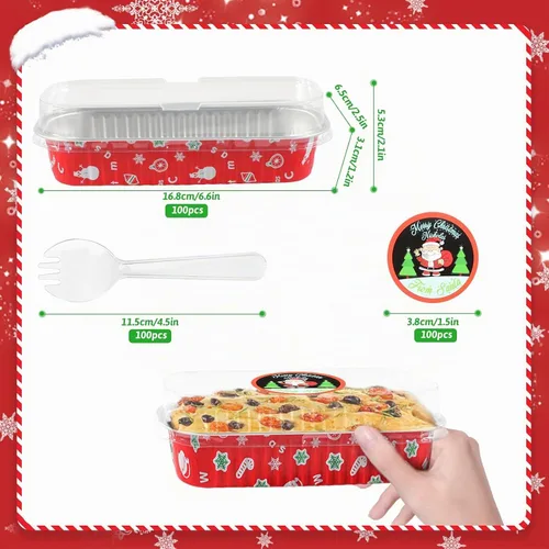 Vista 2 de Paquete de 100 mini moldes para pan de Navidad con tapas, mini moldes para pasteles con tapas y cucharas, moldes de papel de aluminio de 6.8 onzas