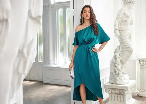 Vista 4 de GRACE KARIN Vestidos de satén con un hombro descubierto para mujer, vestidos fruncidos en línea A, vestidos formales de cóctel para invitados de boda