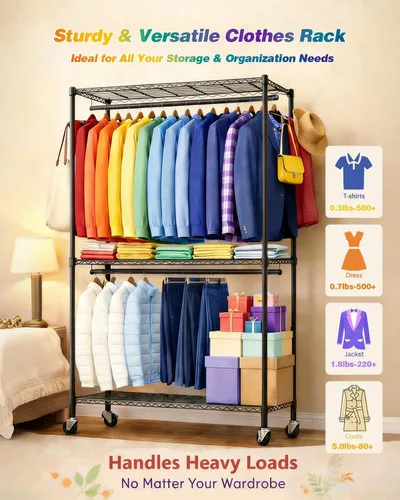 Vista 5 de Perchero resistente de acero al carbono con ruedas bloqueables, estantes y ganchos ajustables, estantes de ropa independientes para colgar ropa