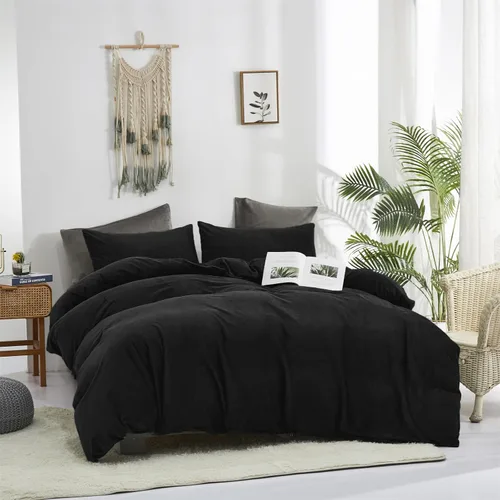 Vista 6 de CLOTHKNOW Juego de funda de edredón de terciopelo negro - Ropa de cama mullida, 3 piezas, tamaño individual, todo en color negro, juegos de funda
