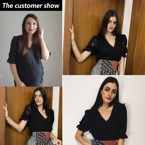 Vista 5 de SHEWIN Blusas estilo bohemio con cuello en V y encaje para mujer