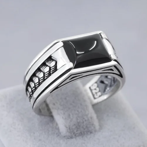 Vista 3 de Sterling Silver Rings for Men with Arrow Pattern, Anillos para Hombre, Mens Rings with Gemtone, Handmade Sterling Silver Rings with Onyx, Turquoise
