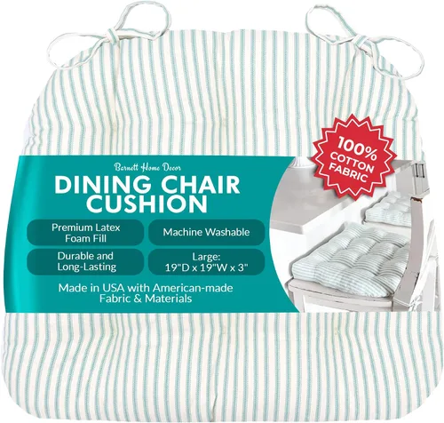 Vista 156 de Barnett Home Decor Ticking Stripe Berlin Blue - Almohadilla para silla de comedor con lazos, tamaño mediano 18, relleno de espuma de látex, lavable