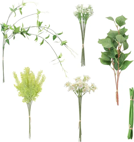 Vista 19 de Juego de tallos de follaje artificial, 59 piezas con 7 tipos de flores de follaje sintéticas para manualidades, ramos de novia, arreglos florales