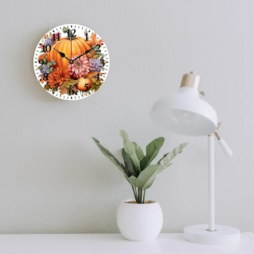 Vista 6 de Reloj de pared de madera Country Autumn Harvest Acuarela Calabaza Flores Redondo Reloj Decorativo de Calidad Cuarzo Sin Ticking Otoño Acción